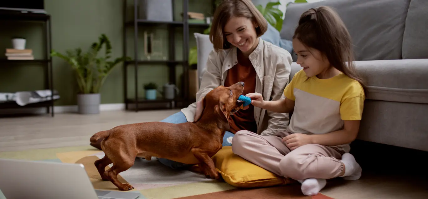 Duas pessoas brincando com um cachorro